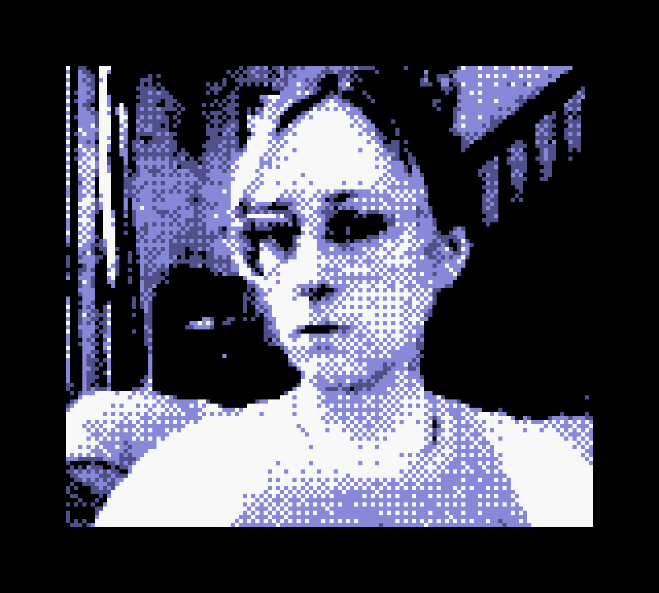 Selfie of me taken via a Gameboy Camera emulated on 3DS (thus using the 3DS' inward facing camera). It is very low resolution and heavily relies on dithering to make the image look legible. Monochrome. The darks and lights are extremely exaggerated. 