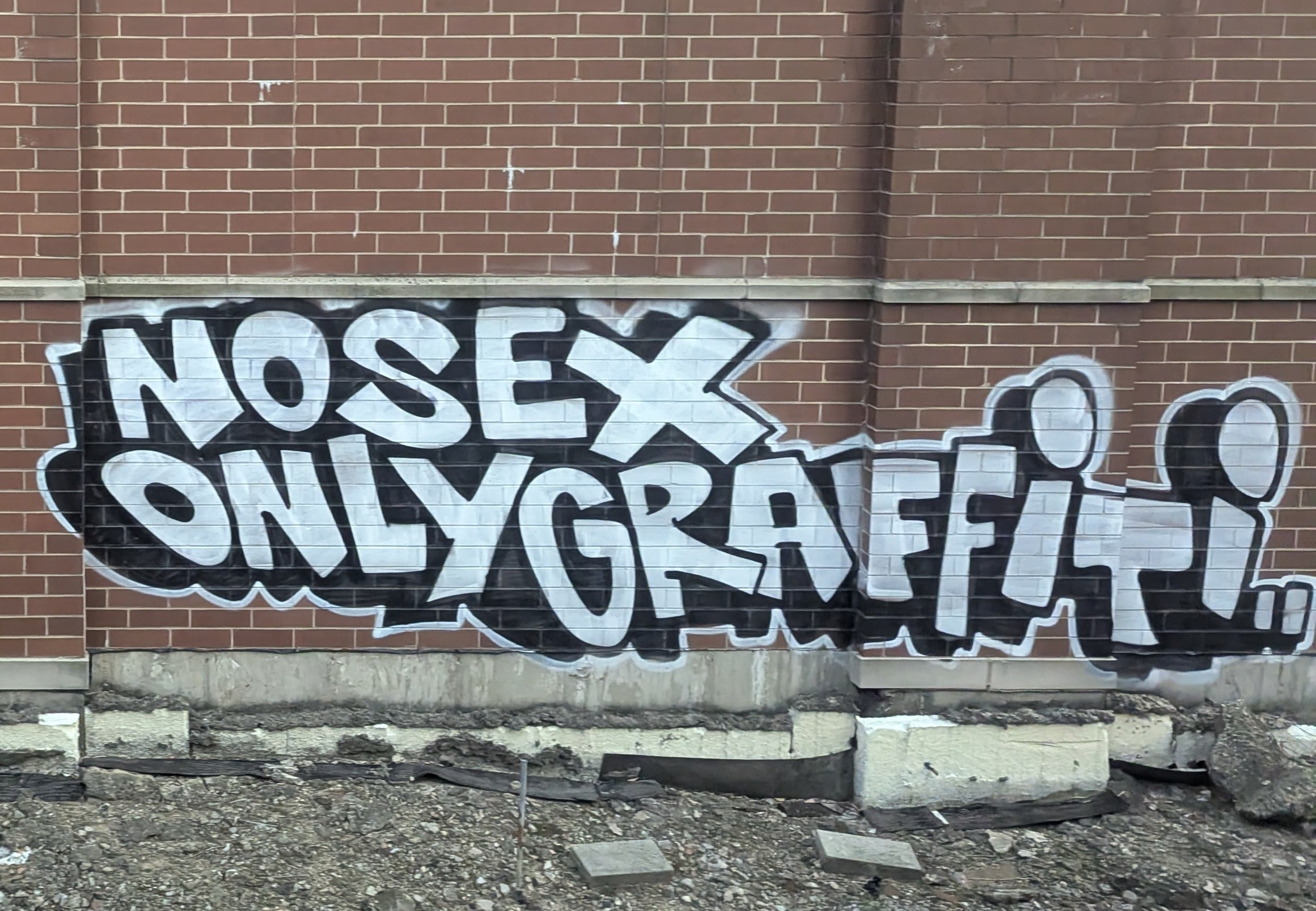 Graffiti on a brick wall that says "NO SEX ONLY GRAFFITI"