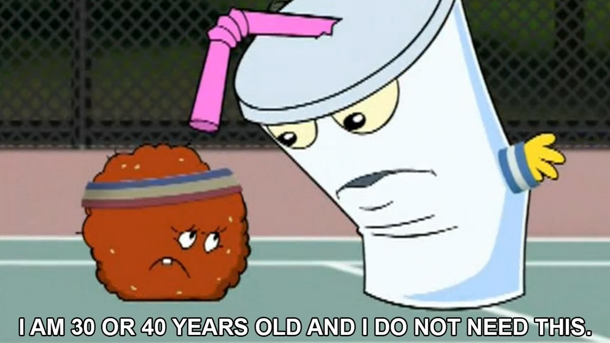 screenshot from Aqua Teen Hunger Force animated TV show.  Master Shake, a sentient drink cup, is talking to Meatwad, a sentient meatball.  He is saying 'I am 30 or 40 years old and I do not need this'